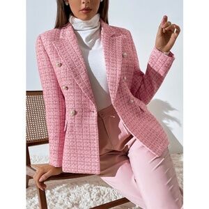 Classic Plaid Tweed Double Breasted Pink Blazer Jacket Long Sleeve